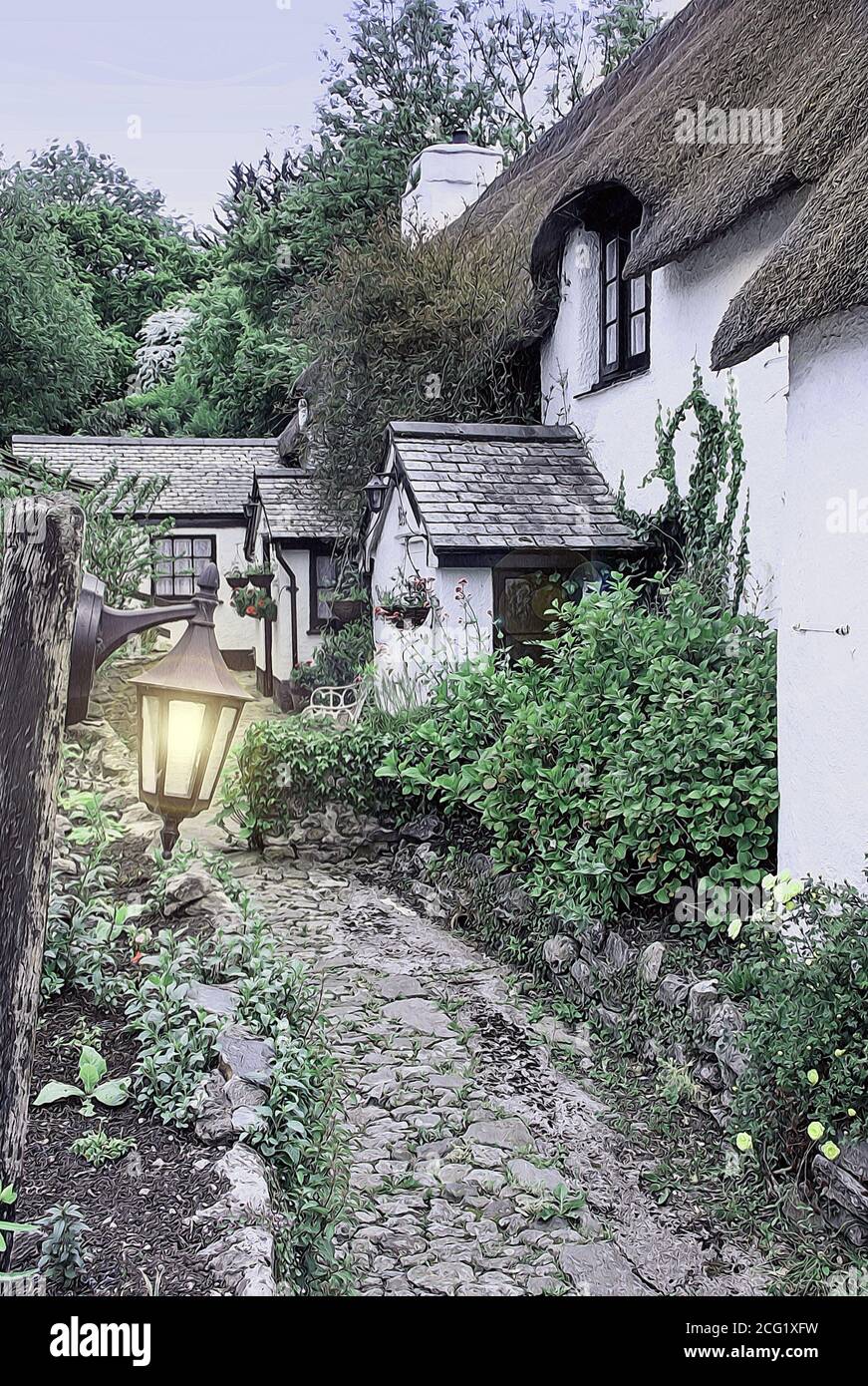 Foto-Illustration des Cott Inn in Dartington in Devon mit einem Latern. Die Gaststätte heißt seit 1320 Gäste willkommen Stockfoto