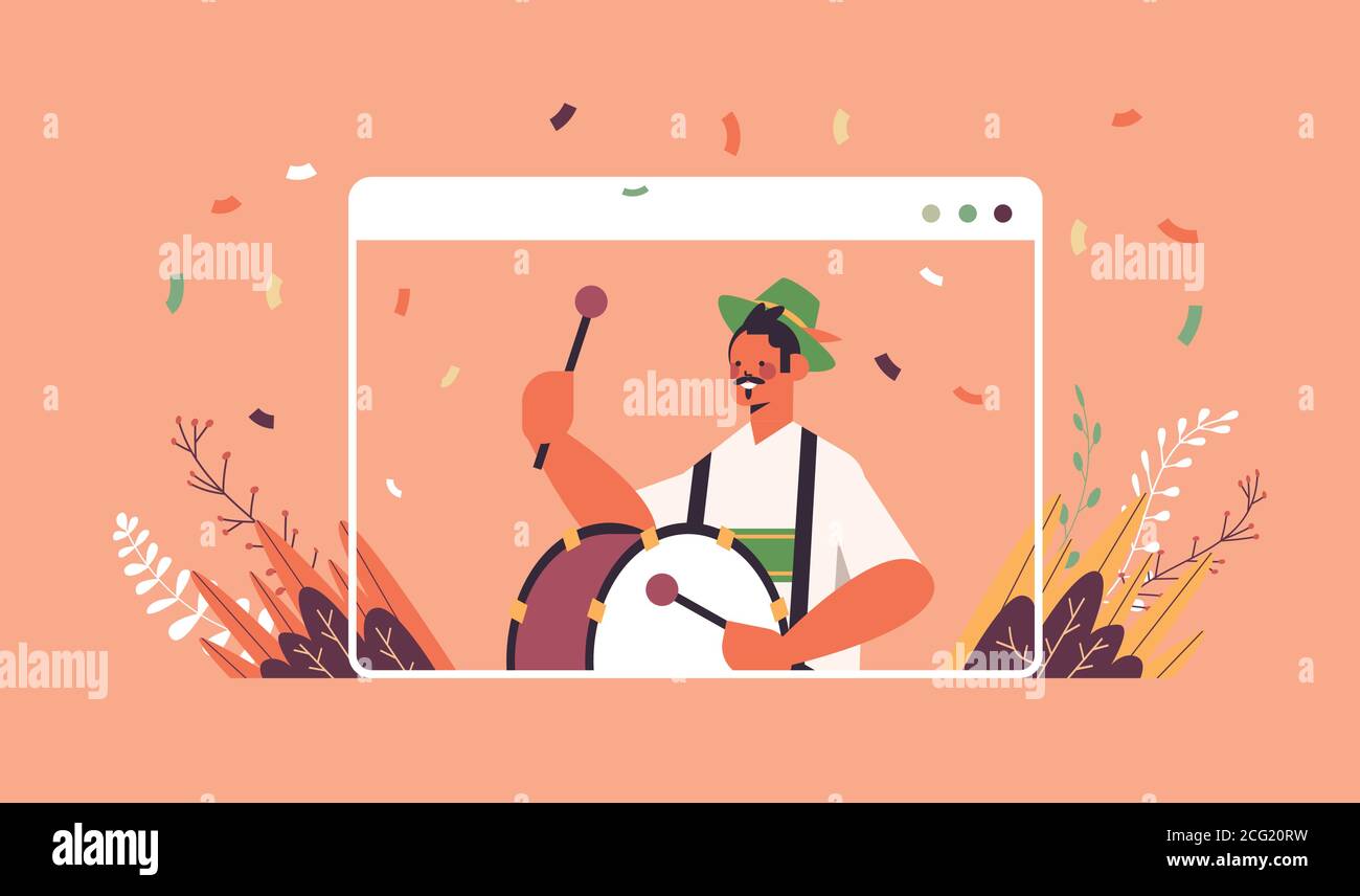 Musiker spielen Trommel auf größte Volksfest Oktoberfest Party Feier Konzept Mann in deutscher traditioneller Kleidung mit Spaß Web-Browser Horizontale Vektordarstellung im Hochformat des Fensters Stock Vektor