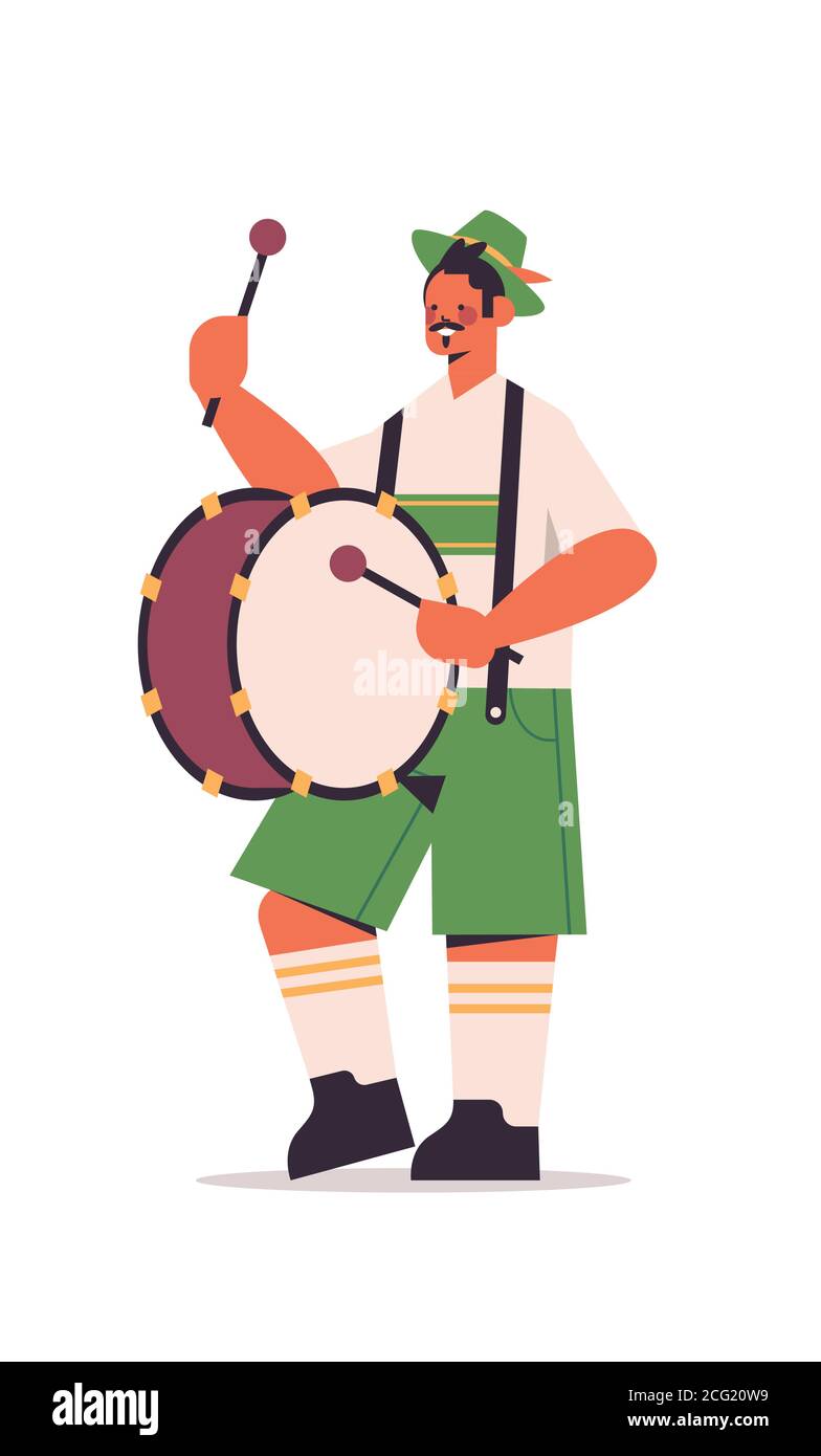 Musiker spielen Trommel auf größte Volksfest Oktoberfest Party Konzept Mann in deutscher traditioneller Kleidung mit Spaß in voller Länge isoliert Vertikale Vektordarstellung Stock Vektor