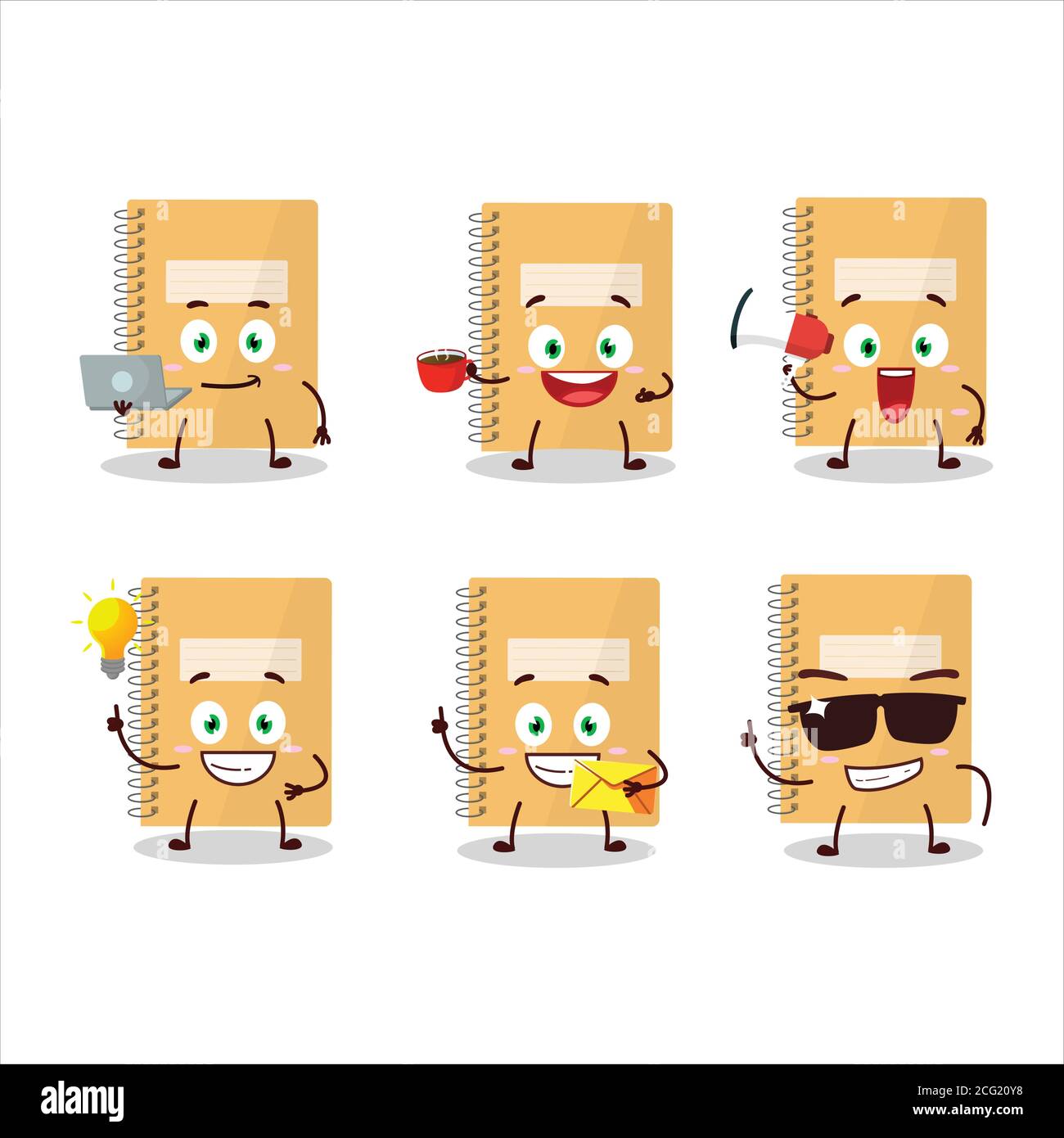 Brown Spiral Notebooks Cartoon Charakter mit verschiedenen Arten von Unternehmen Emoticons Stock Vektor