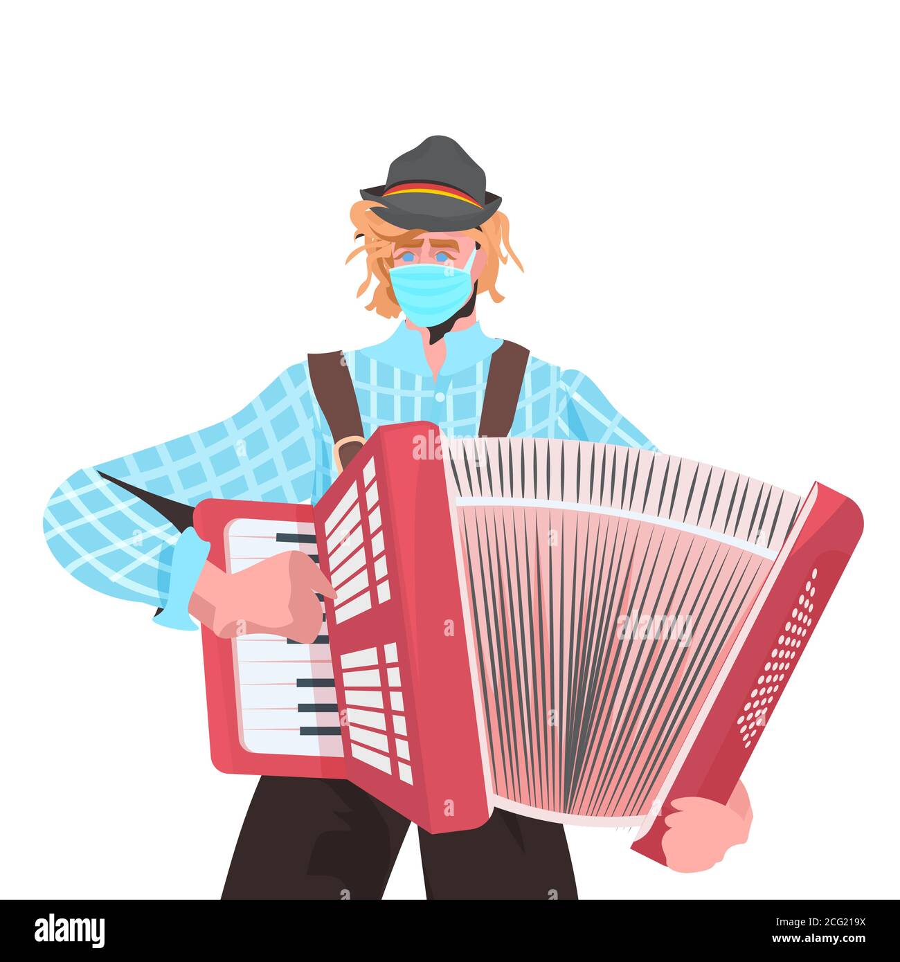 Musiker spielen Akkordeon auf Volksfest führen Musik Oktoberfest Party Feier Konzept Mann in deutscher traditioneller Kleidung mit Spaß Porträt vektorgrafik Stock Vektor