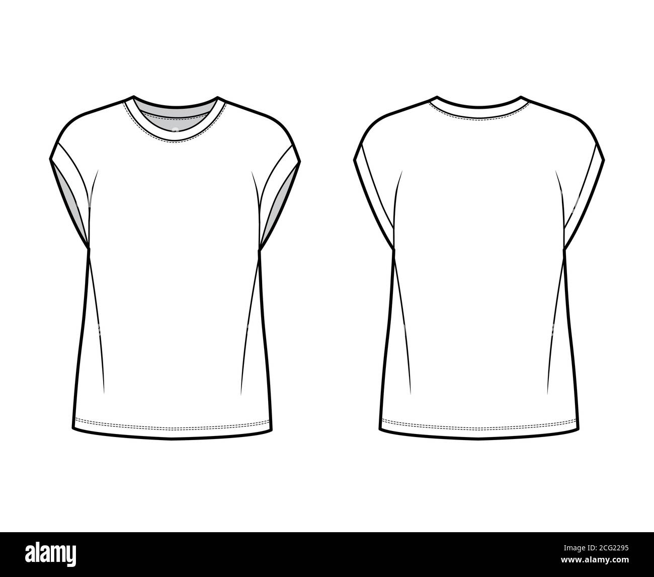 Boyfriend Baumwoll-Jersey T-Shirt technische Mode-Illustration mit  klassischem Rundhalsausschnitt, kurze Flügelärmel, überdimensioniert.  Flache Bekleidungsvorlage vorne hinten weiß Farbe. Damen Herren, Unisex TOP  CAD Mockup Stock-Vektorgrafik - Alamy