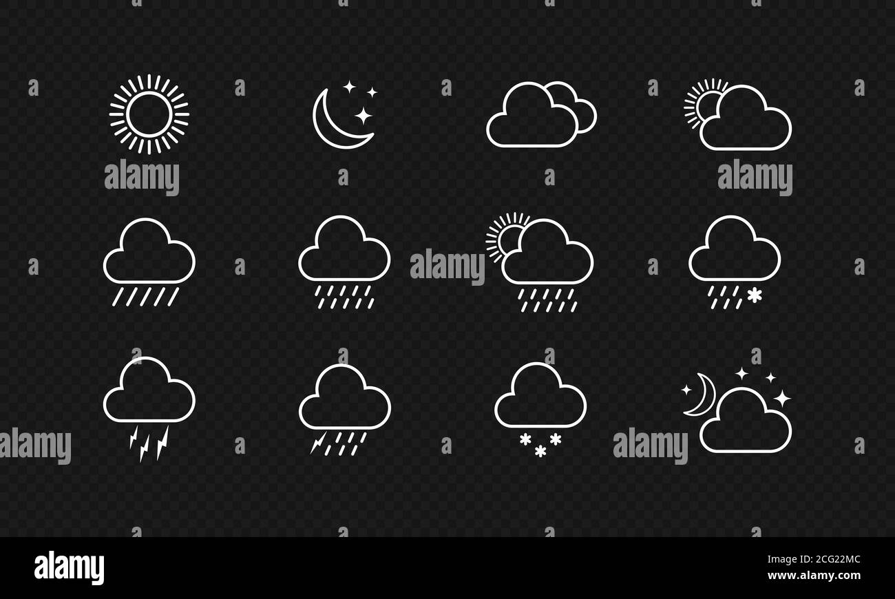Wettersymbol eingestellt. Regnet, schneit, sonnig, bewölkt. Vektor auf isoliertem schwarzem Hintergrund. EPS 10 Stock Vektor