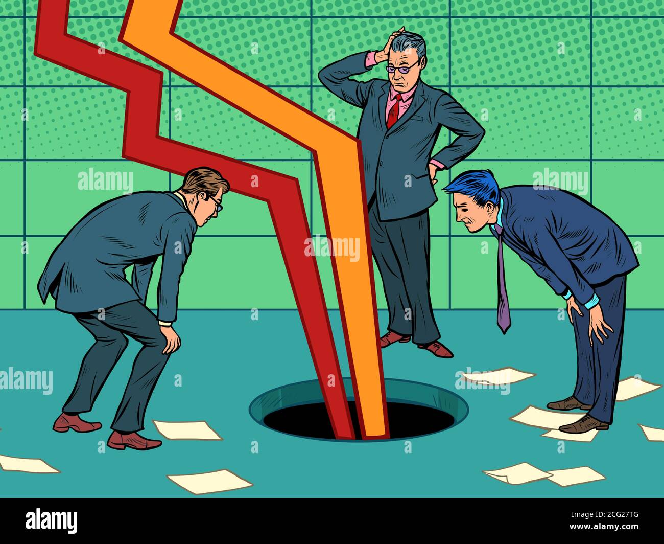 Die Probleme der Katastrophe, der Bankrott der sinkenden Einnahmen im Geschäftskonzept. Geschäftsleute suchen nach Versagen Stock Vektor