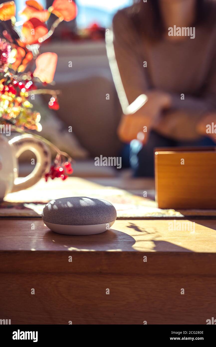 Frau im Gespräch mit Smart Speaker zu Hause Stockfoto