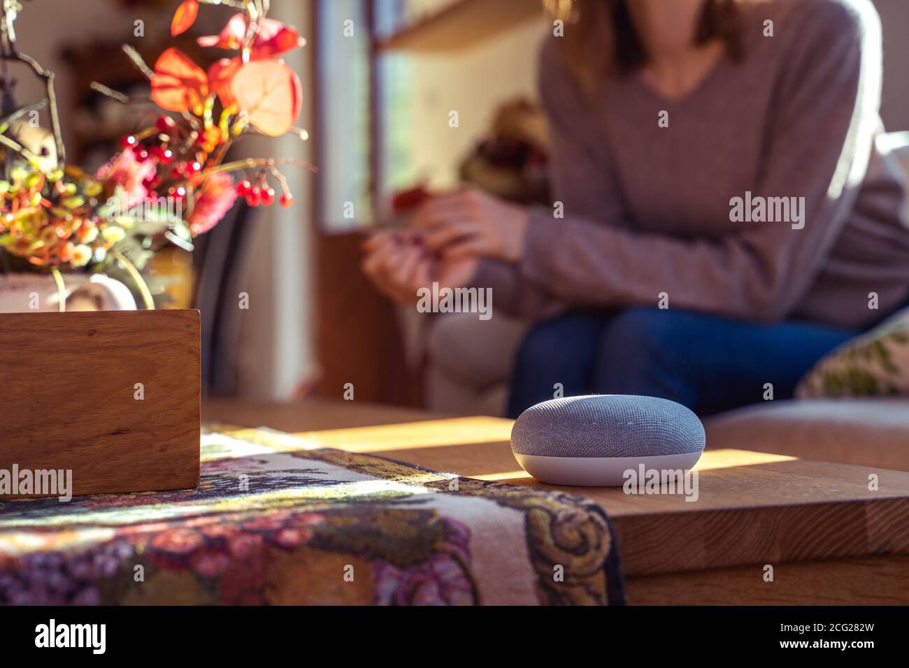 Frau im Gespräch mit Smart Speaker zu Hause Stockfoto