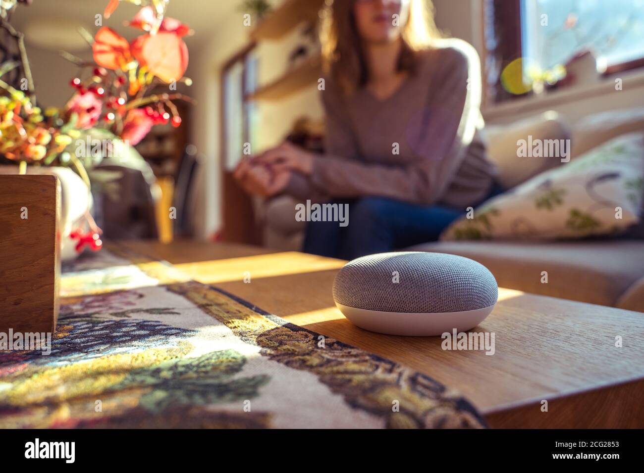 Frau im Gespräch mit Smart Speaker zu Hause Stockfoto