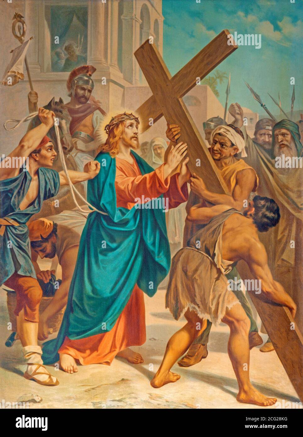 RAVENNA, ITALIEN - 28. JANUAR 2020: Jesus nimmt sein Kreuz in der Kirche Basilica di Santa Maria del Porto an. Stockfoto