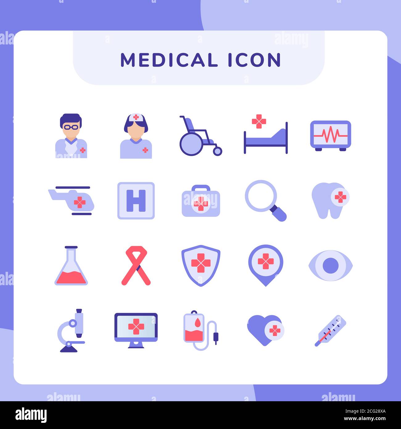 Medical Icon Set Kollektion mit modernem flachem Stil und lila Farbe Stock Vektor