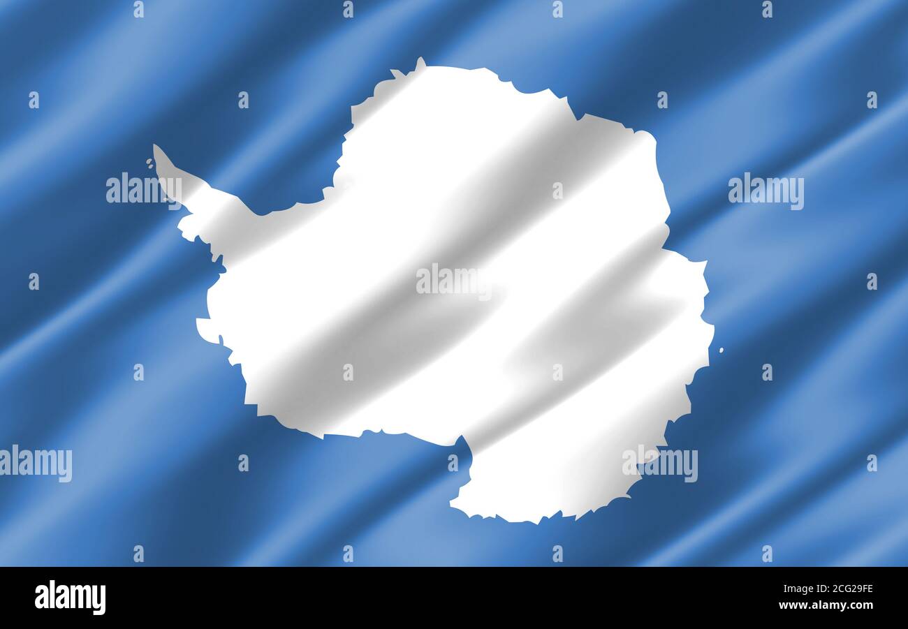 Seide gewellte Flagge der Antarktis Grafik. Gewellte Abbildung der Antarktisfahne. Die gekräuselte Antarktisflagge ist ein Symbol für Freiheit, Patriotismus und Indep Stockfoto