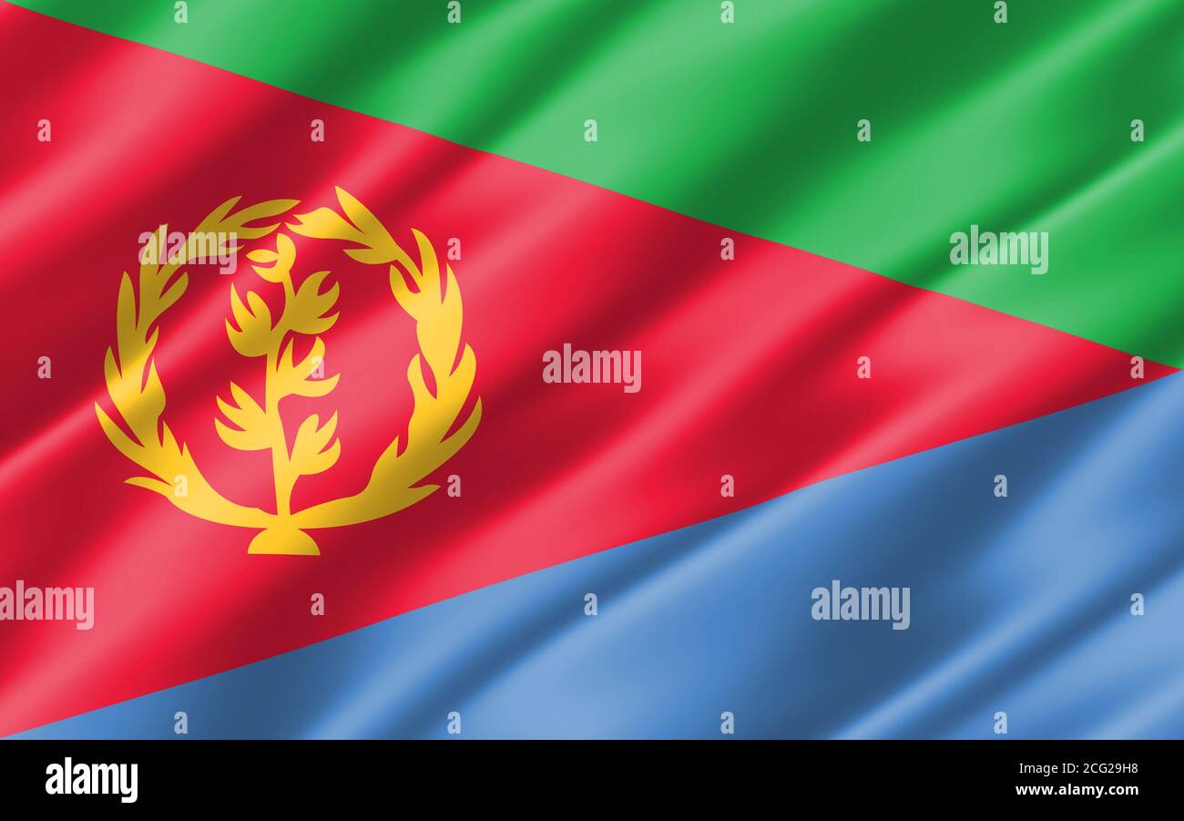 Seide gewellte Flagge von Eritrea Grafik. Wellenförmige Abbildung der eritreischen Flagge. Die geriffelte Eritrea-Landesflagge ist ein Symbol für Freiheit, Patriotismus und Unabhängigkeit. Stockfoto