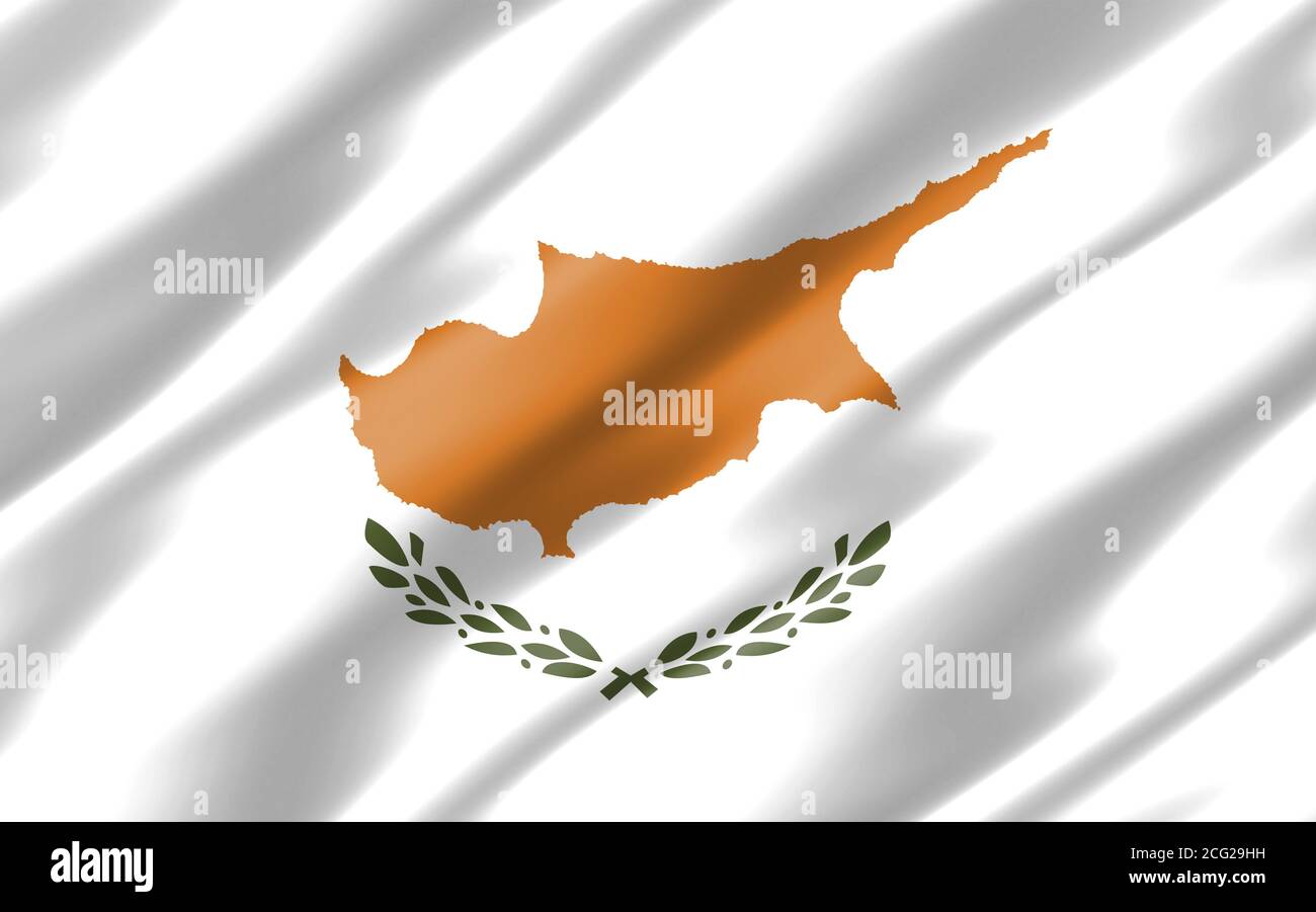 Seide gewellte Flagge von Zypern Grafik. Wellenförmige zypriotische Flagge Illustration. Die gekräuselte zyprische Landesflagge ist ein Symbol für Freiheit, Patriotismus und Unabhängigkeit. Stockfoto