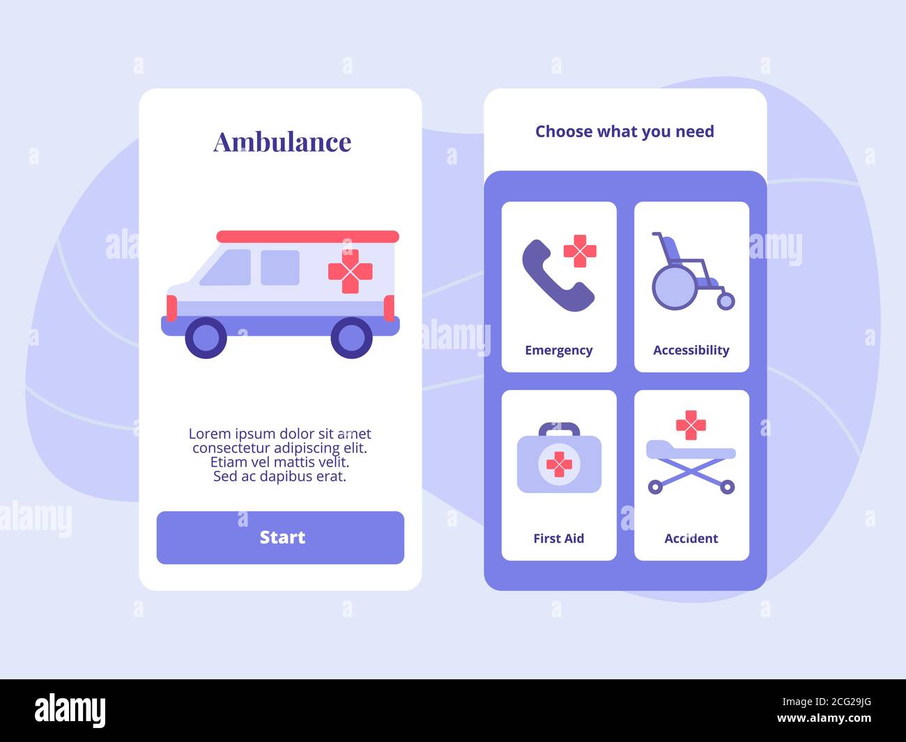 Ambulanz Notfall Zugänglichkeit erste Hilfe Unfall für mobile Apps Vorlage Bannerseite UI mit zwei Varianten moderner flacher Farbstil Stock Vektor