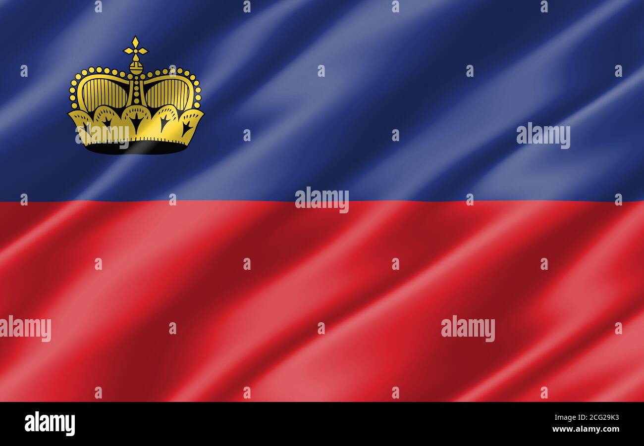 Seide gewellte Flagge von Liechtenstein Grafik. Wavy Liechtensteiner Flagge Illustration. Die gekräuselte liechtensteinische Landesflagge ist ein Symbol der Freiheit, des Patriotismus Stockfoto