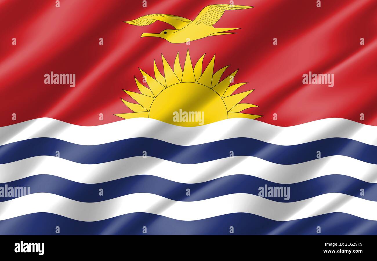 Seide gewellte Flagge von Kiribati Grafik. Abbildung der gewellten i-Kiribati-Flagge. Rippled Kiribati Land Flagge ist ein Symbol für Freiheit, Patriotismus und Unabhängigkeit Stockfoto