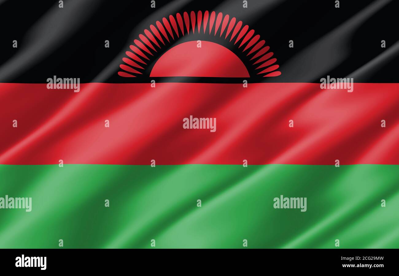 Seidig gewellte Malawi-Flag-Grafik. Rechteck Malawische Flagge Abbildung. Die Malawi-Landesflagge ist ein Symbol für Freiheit, Patriotismus und Unabhängigkeit. Stockfoto