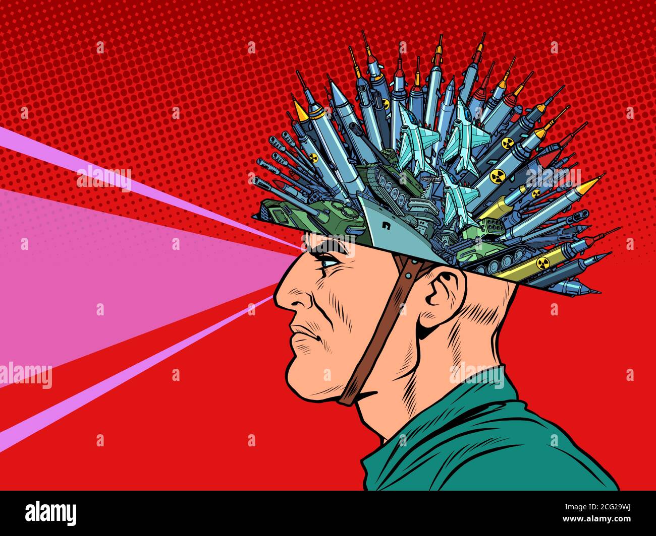 Militarismus-Konzept. Ein Mann mit Raketen und Waffen Stock Vektor
