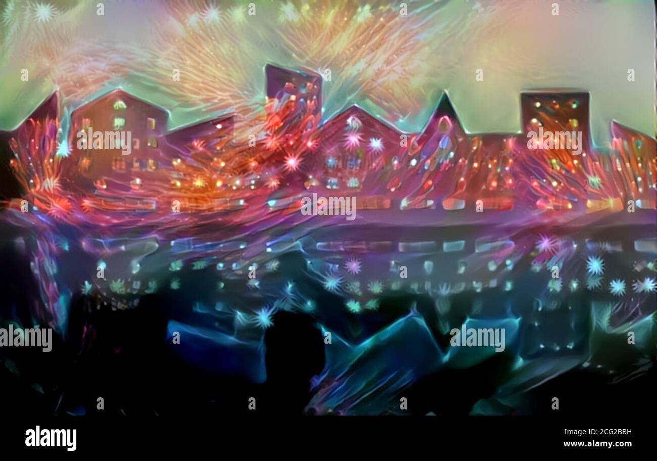 Abstraktes Bild einer Nachtstadt. Architekturhintergrund. Stockfoto