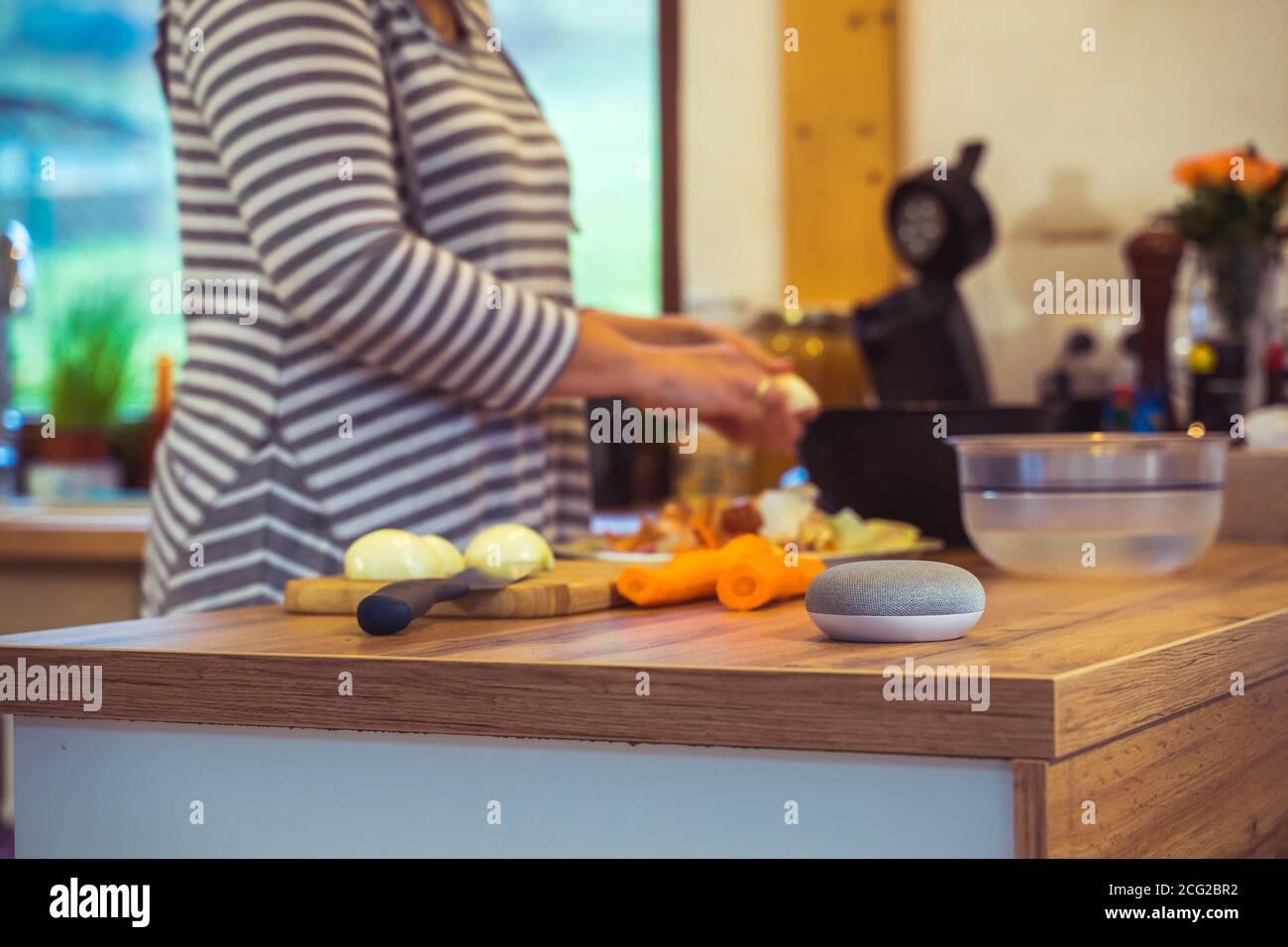 Sprachgesteuerter Smart Speaker in einem Zuhause mit Sprachsteuerung Smart Speaker in einer Innenraumumgebung mit einer Frau Kochen im Hintergrund Stockfoto