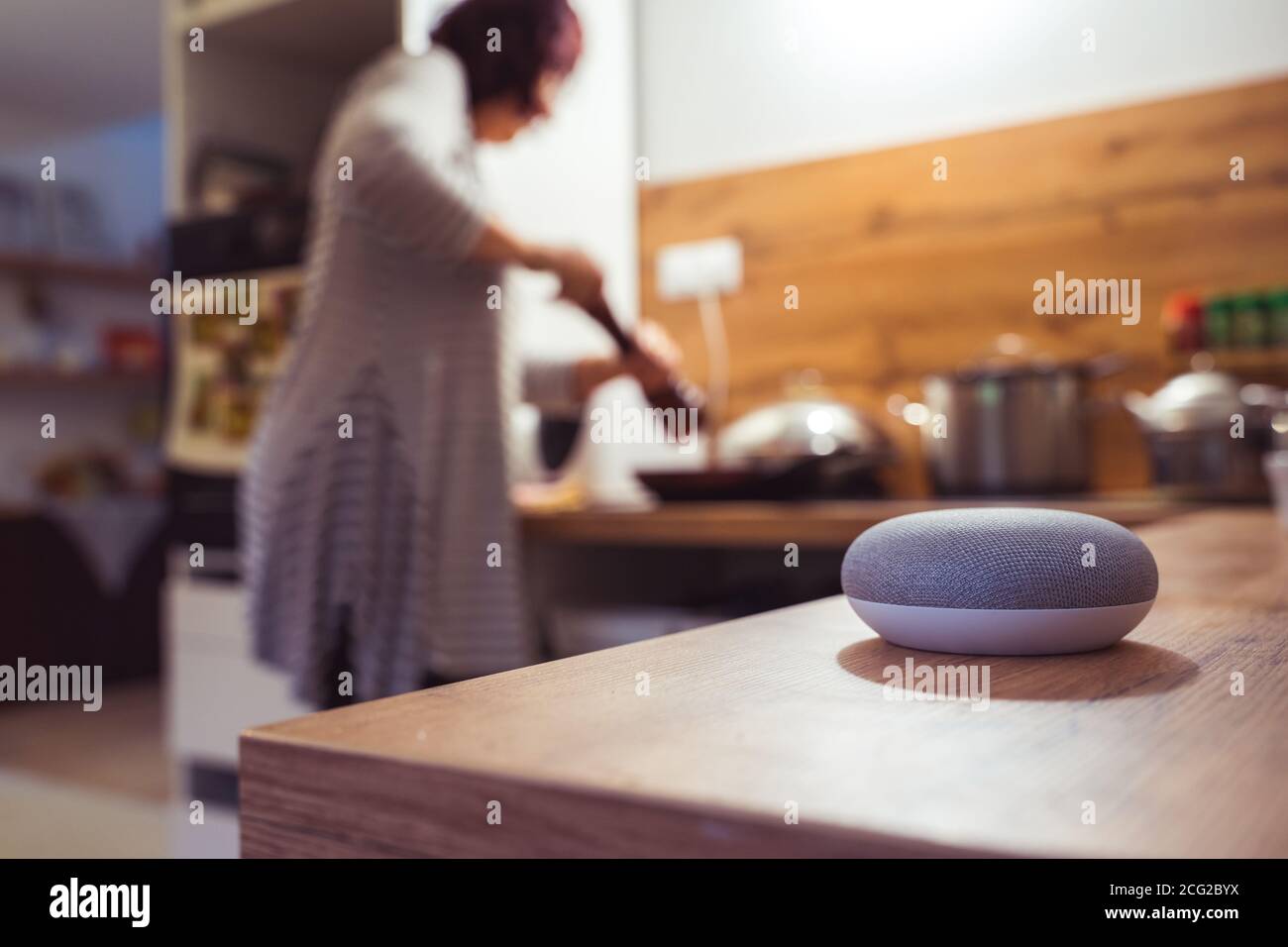 Sprachgesteuerter Smart Speaker in einem Zuhause mit Sprachsteuerung Smart Speaker in einer Innenraumumgebung mit einer Frau Kochen im Hintergrund Stockfoto