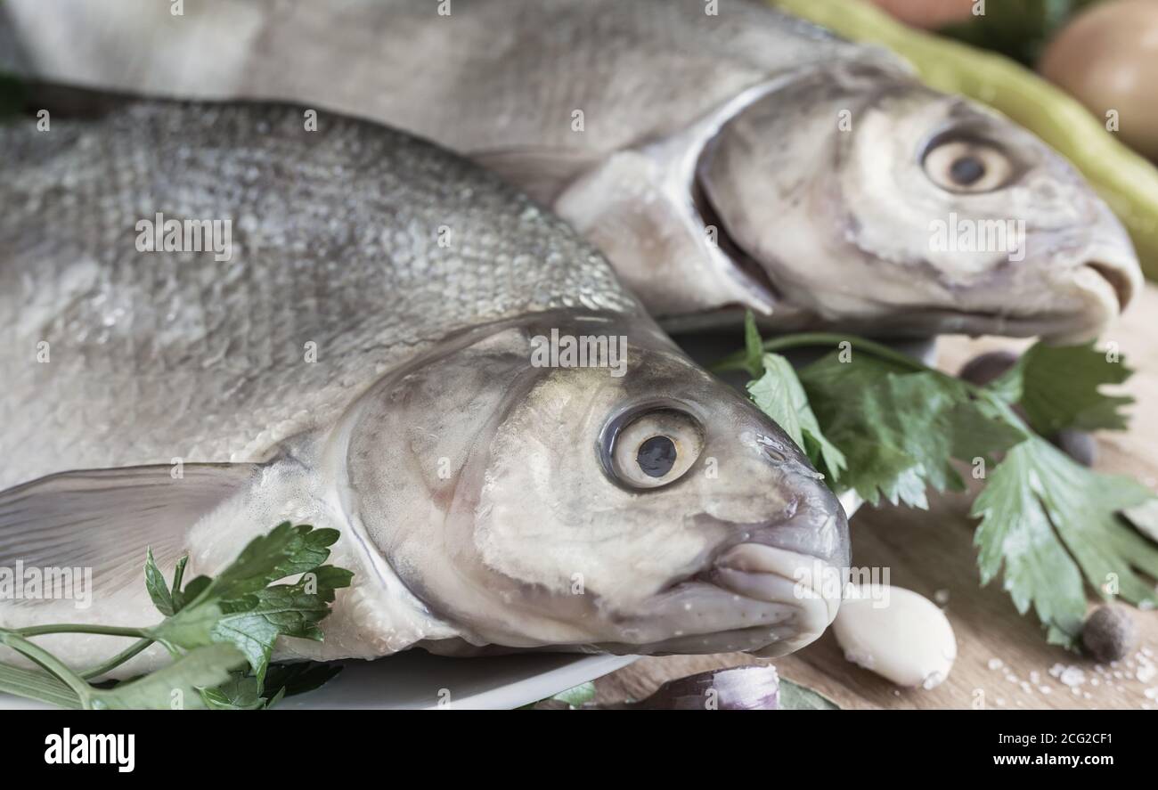 Große Flussfischbrasse zum Braten gekocht Stockfoto