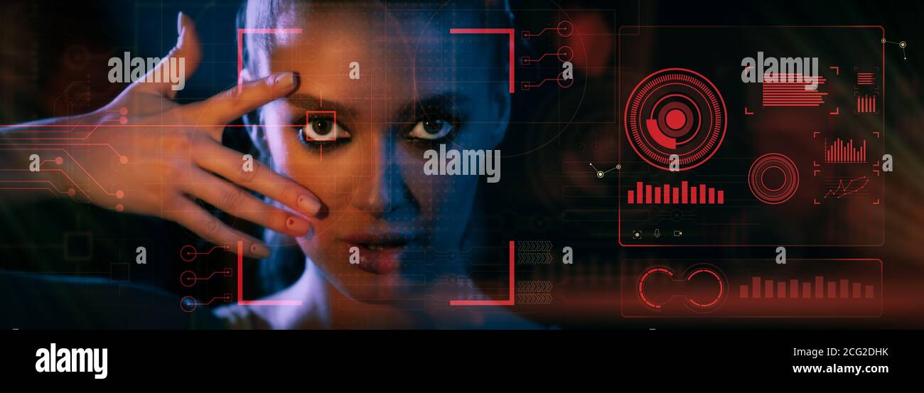 Gesichtserkennungssystem. Digital Scanning Interface Über Portrait Of Beautiful Young Woman Stockfoto