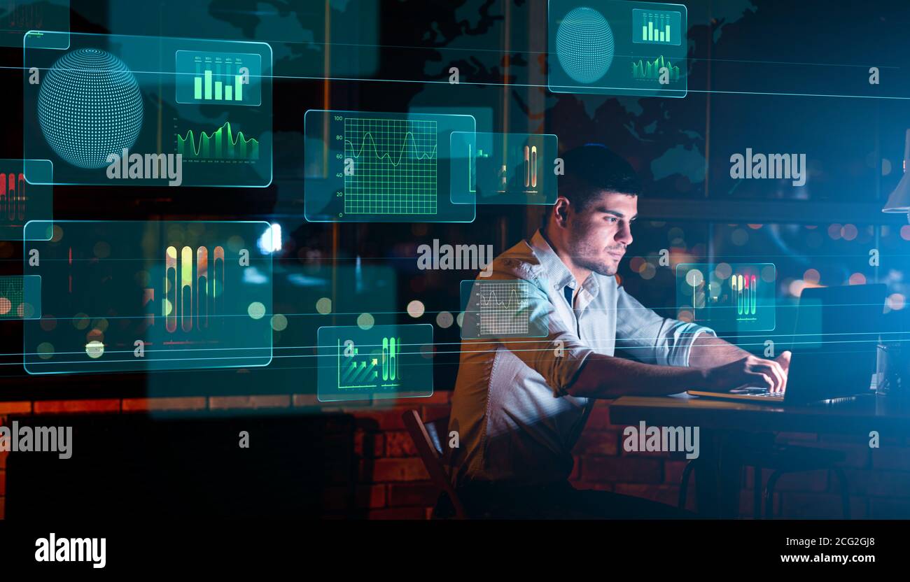 Collage Mit Geschäftsmann Arbeiten Im Büro Und Digitale Schnittstelle Mit Geschäftsdiagramme Stockfoto