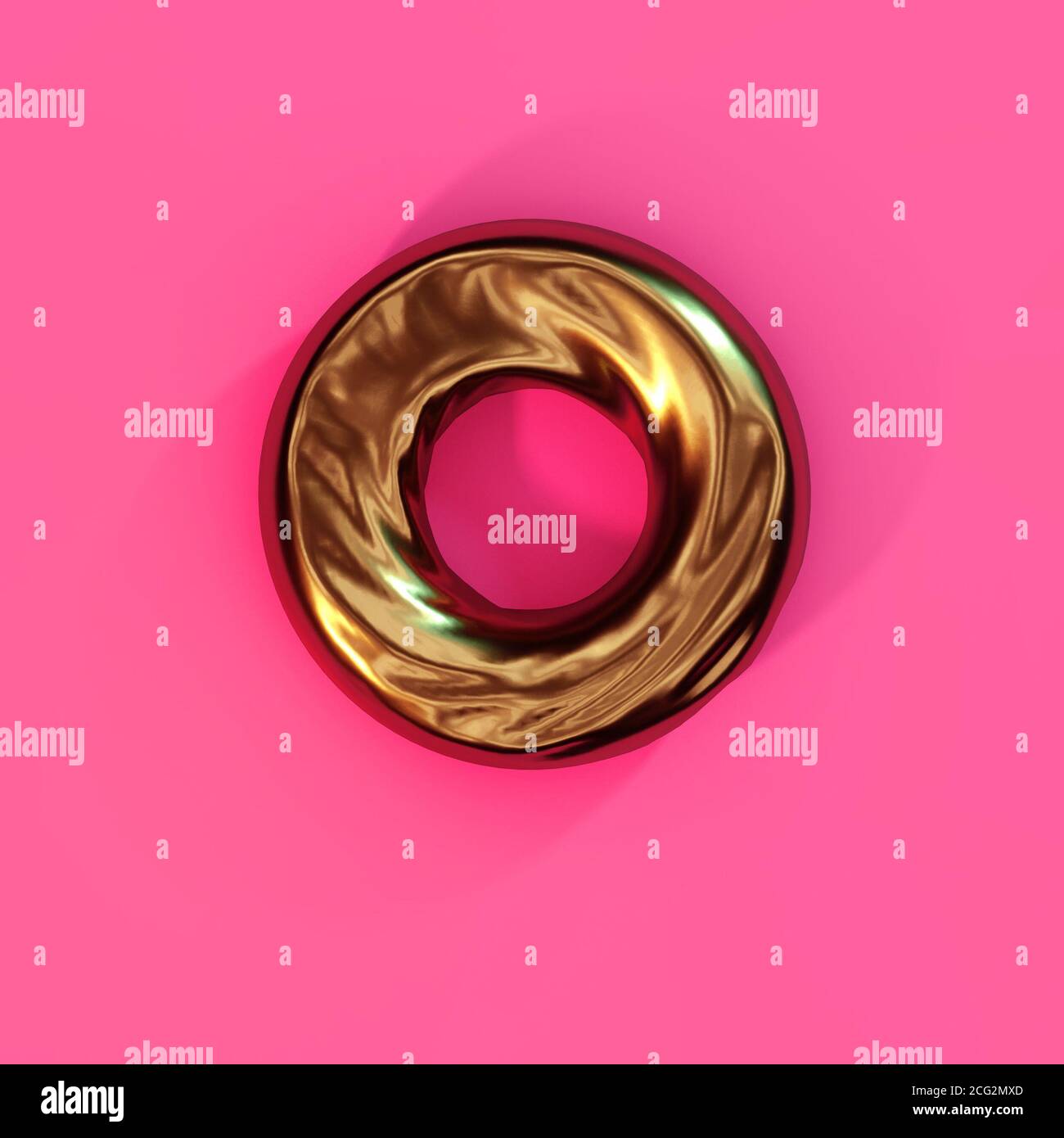 Dreidimensionale Abstraktion, digitaler Hintergrund. Goldtoroid mit Falten auf der Oberfläche, rosa Hintergrund. Modernes Design, 3D-generiertes Bild. Stockfoto
