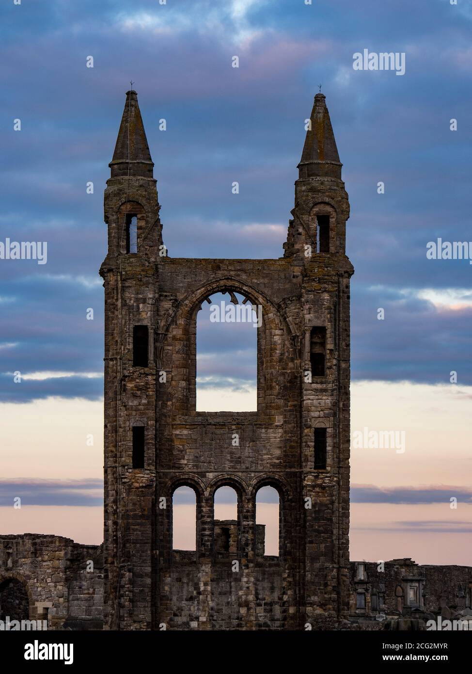 Sonnenuntergang, Ruinen, St Andrews Cathedral, St Andrews, Fife, Schottland, Großbritannien, GB. Stockfoto