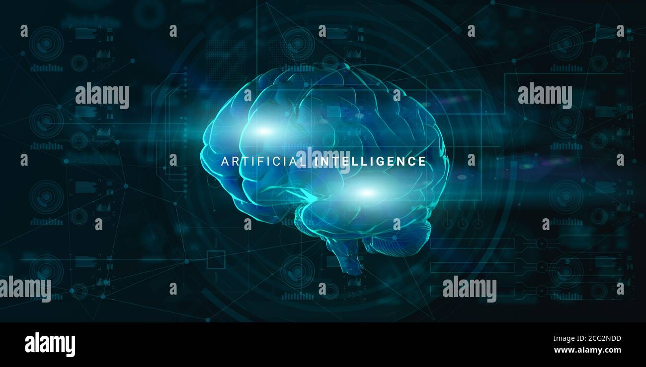 Konzept Der Künstlichen Intelligenz. Leuchtende Digitale Gehirnprojektion Über Abstrakten Hud Hintergrund Stockfoto