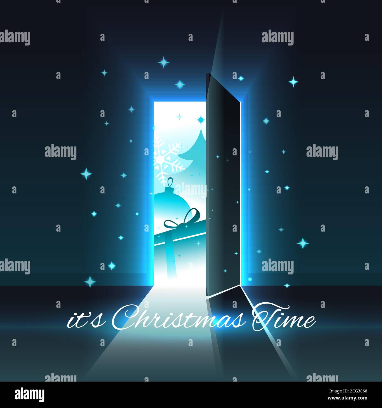 Weihnachtliche Wunder in einer offenen, glühenden Tür. Frohe Weihnachten und Neujahr Grußkarte, Vektor-Illustration Stock Vektor