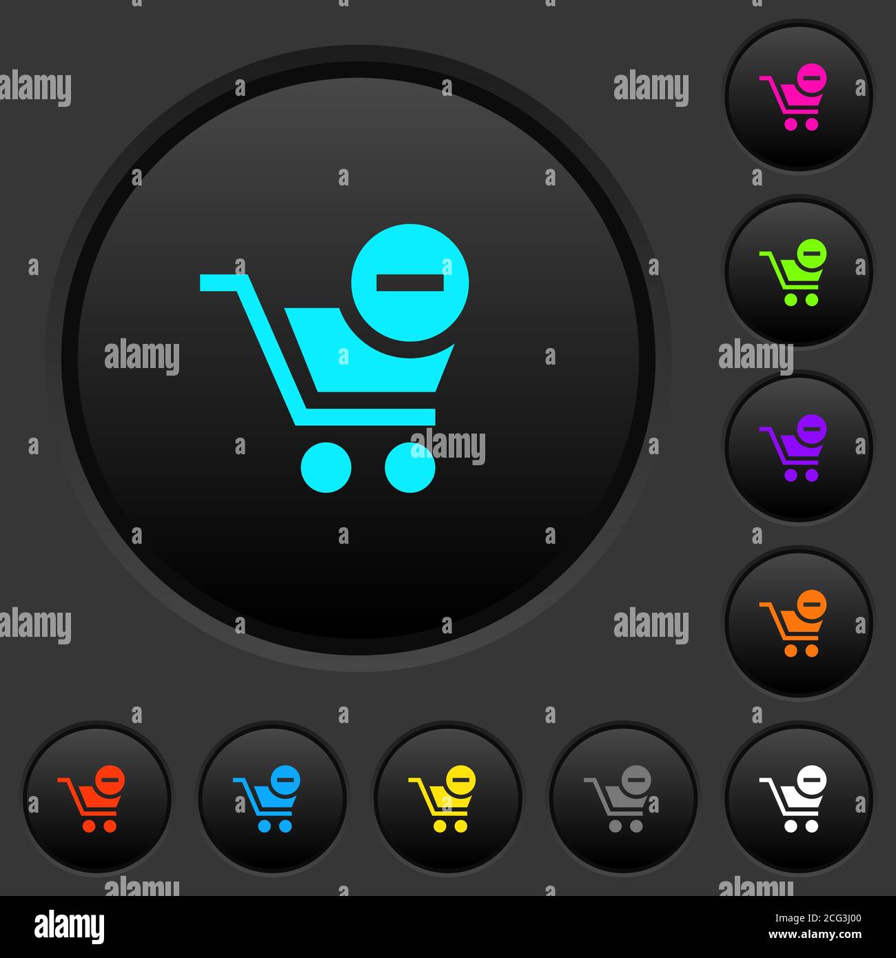 Entfernen Sie Artikel aus dem Warenkorb dunkle Drucktasten mit lebendigen Farben Symbole auf dunkelgrauem Hintergrund Stock Vektor