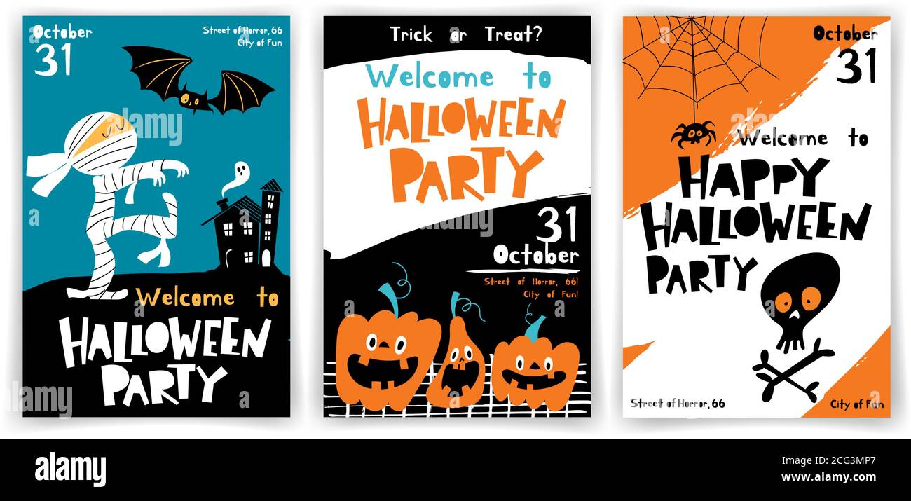 Set von Vektor Willkommen zu Halloween-Party-Plakate in Cartoon Flacher Style mit niedlichen Charakteren Stock Vektor
