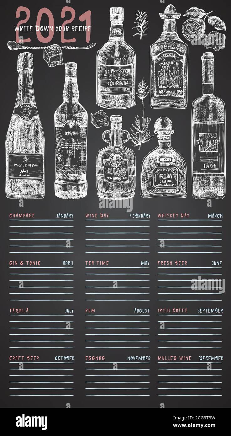 2021 Titelblatt der Wand vintage Kalender Planer. Thema Alkoholbar. Champagner, Wein, Tequila, Gin, Tonic, Rum Cocktails Retro Poster Ort zu schreiben Stock Vektor