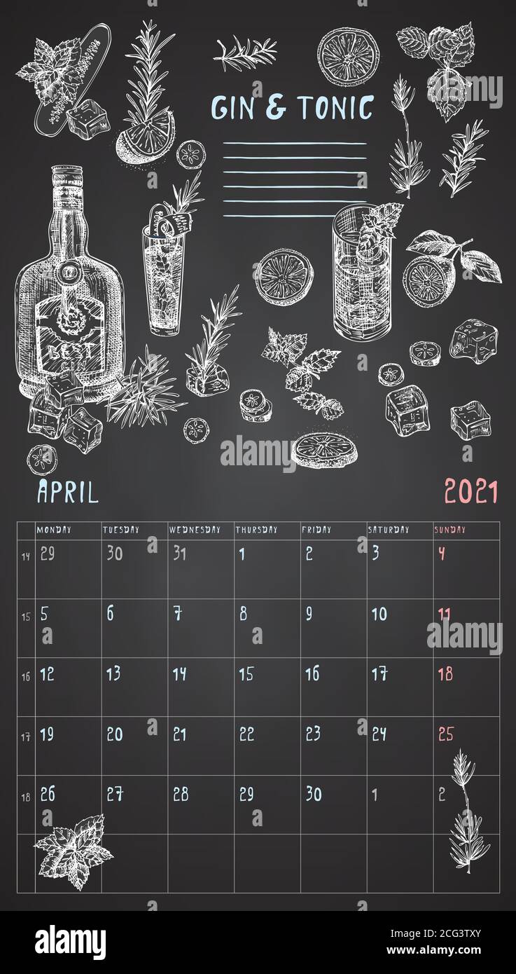 2021 Seite der Wand vintage Kalender Planer. Monat April. Die Woche beginnt am Montag. Thema Alkoholbar. Gin Tonic Tagescocktails Retro Poster Ort zum Schreiben Stock Vektor