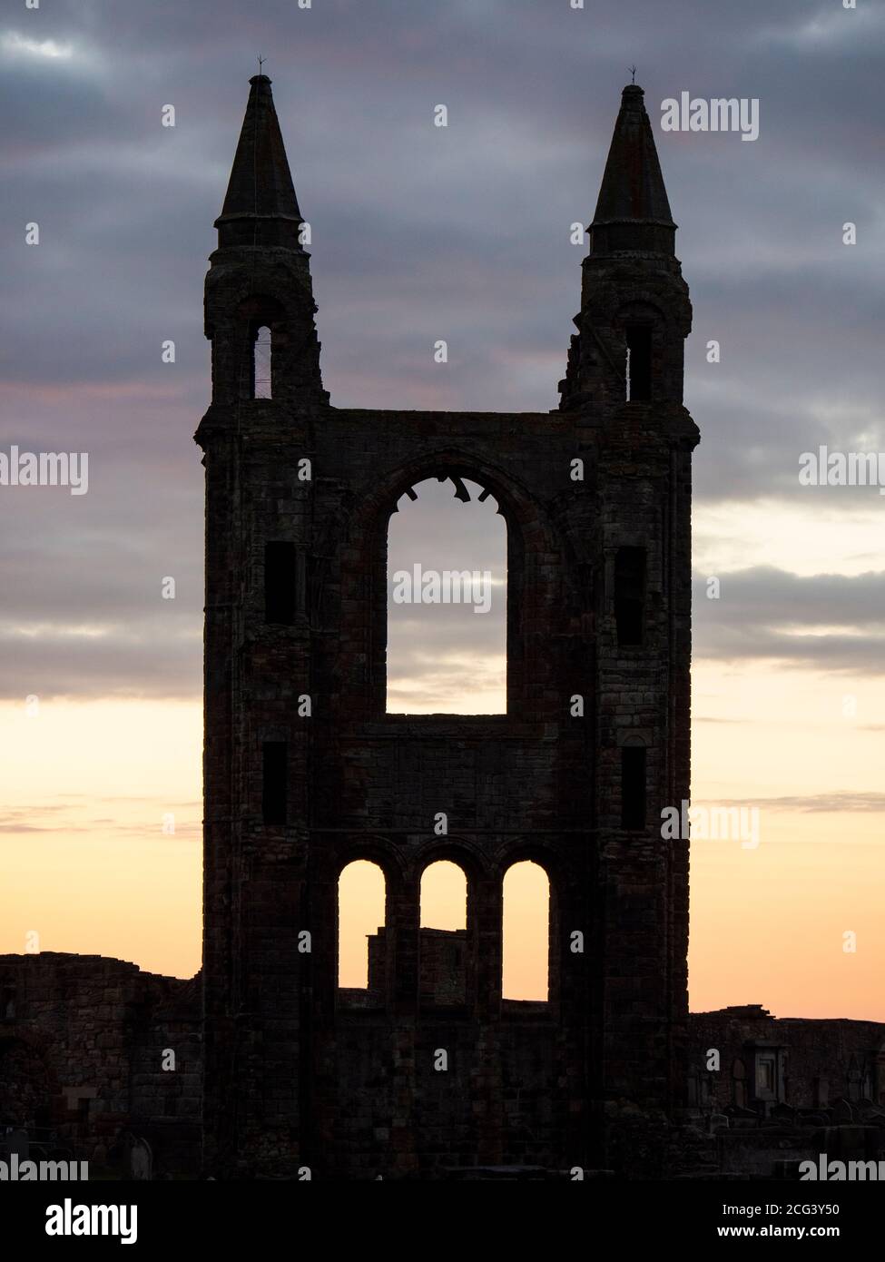 Dramatic, Sunrise Morning Light, St Andrews Cathedral, St Andrews, Fife, Schottland, Großbritannien, GB. Stockfoto