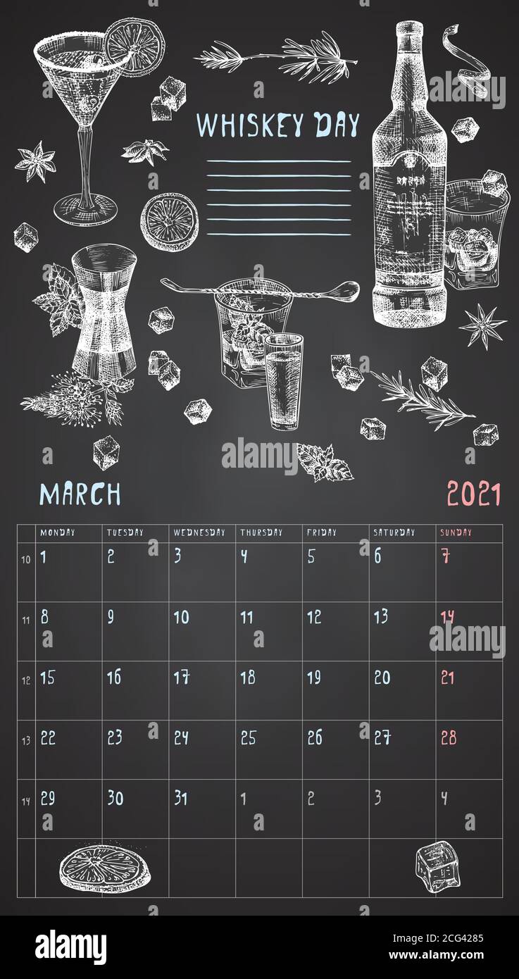 2021 Seite der Wand vintage Kalender Planer. März Monat. Die Woche beginnt am Montag. Thema Alkoholbar. Wiskey Tag Cocktails Retro Poster Ort zu schreiben Stock Vektor