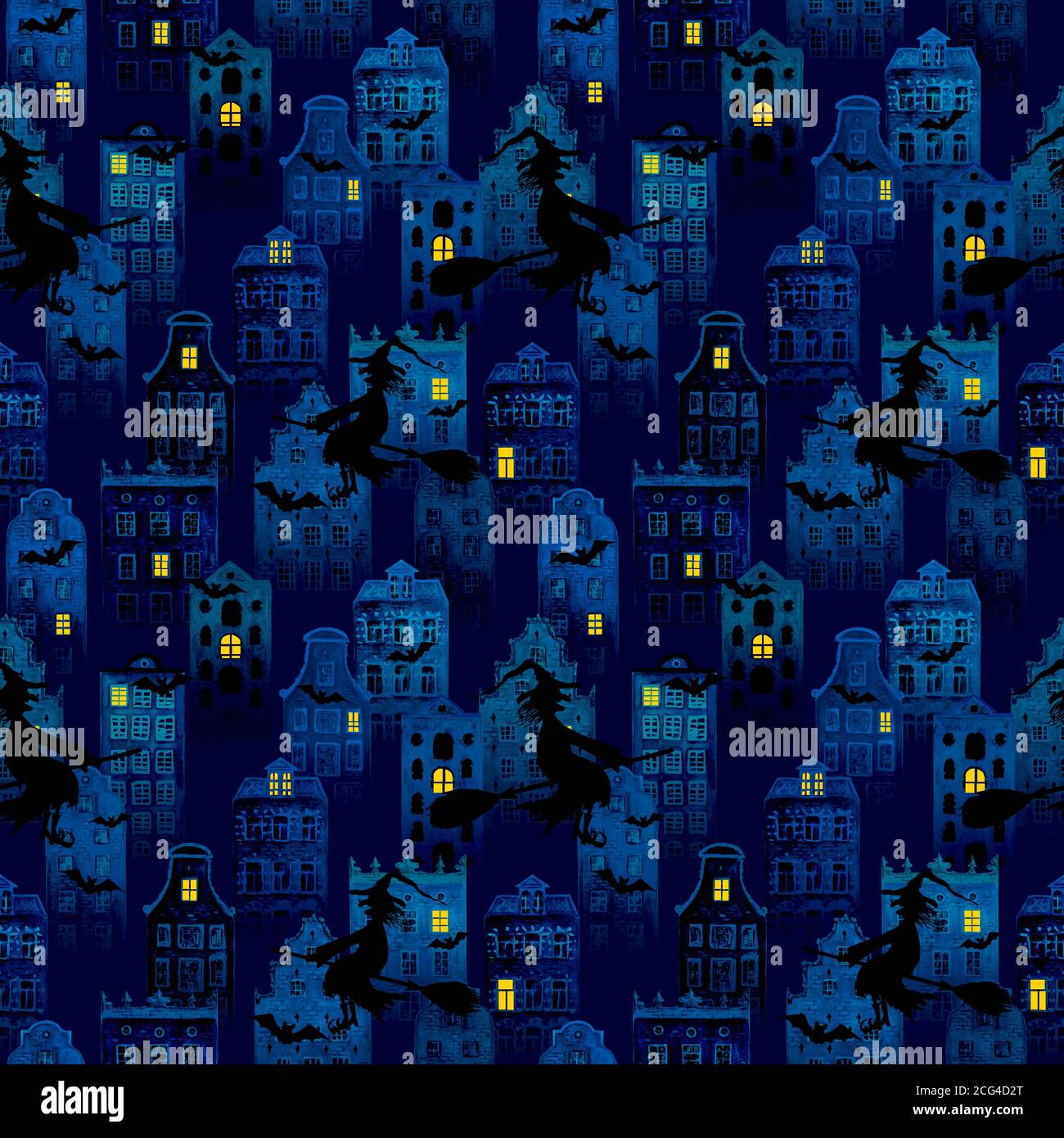 Halloween lila Nacht Stadt Grunge nahtlose Muster mit Aquarell europäischen amsterdam Stil Häuser, schwarze Silhouetten von Hexen fliegen auf Besen, Fledermaus Stockfoto