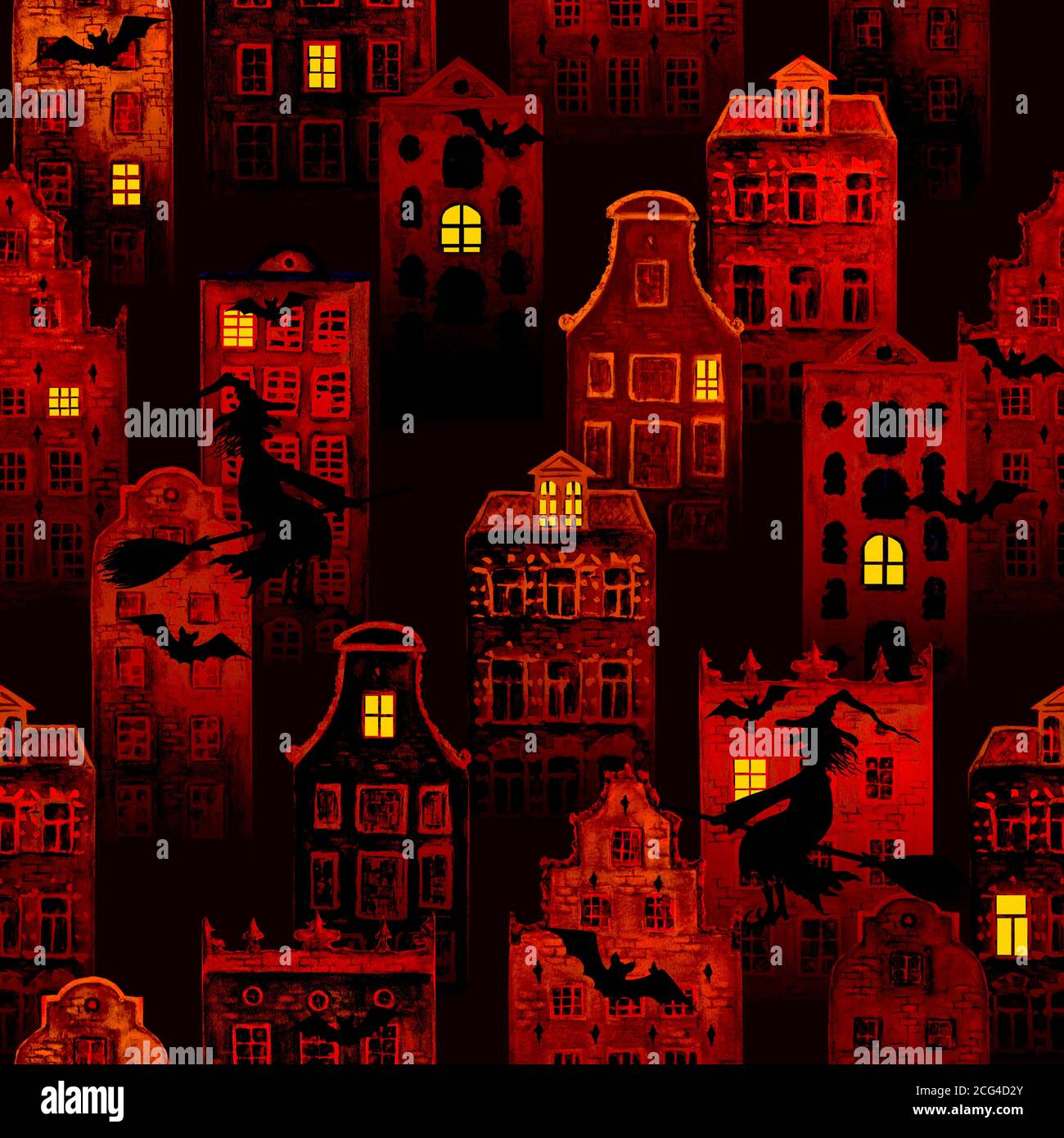 Halloween Nacht Stadt Grunge rot nahtlose Muster mit Aquarell europäischen amsterdam Stil Häuser, schwarze Silhouetten von Hexen fliegen auf Besen, Fledermäuse. Stockfoto