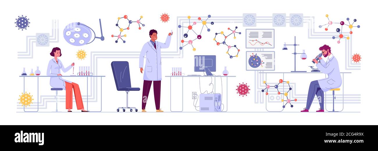 Im Labor führt eine Gruppe von Wissenschaftlern Experimente durch. Ein Arzt schaut in einem Labor durch ein Mikroskop und führt eine Studie durch. Forscher A Stockfoto