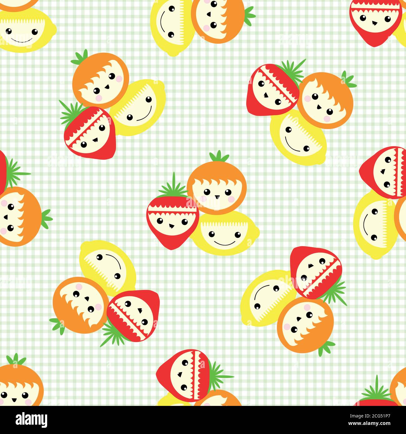 Cute kawaii Frucht nahtlose Vektor-Muster Hintergrund. Glücklich lachende Gruppen von Cartoon Erdbeeren, Orangen Zitronen auf Gingham Hintergrund. Spaß Stock Vektor