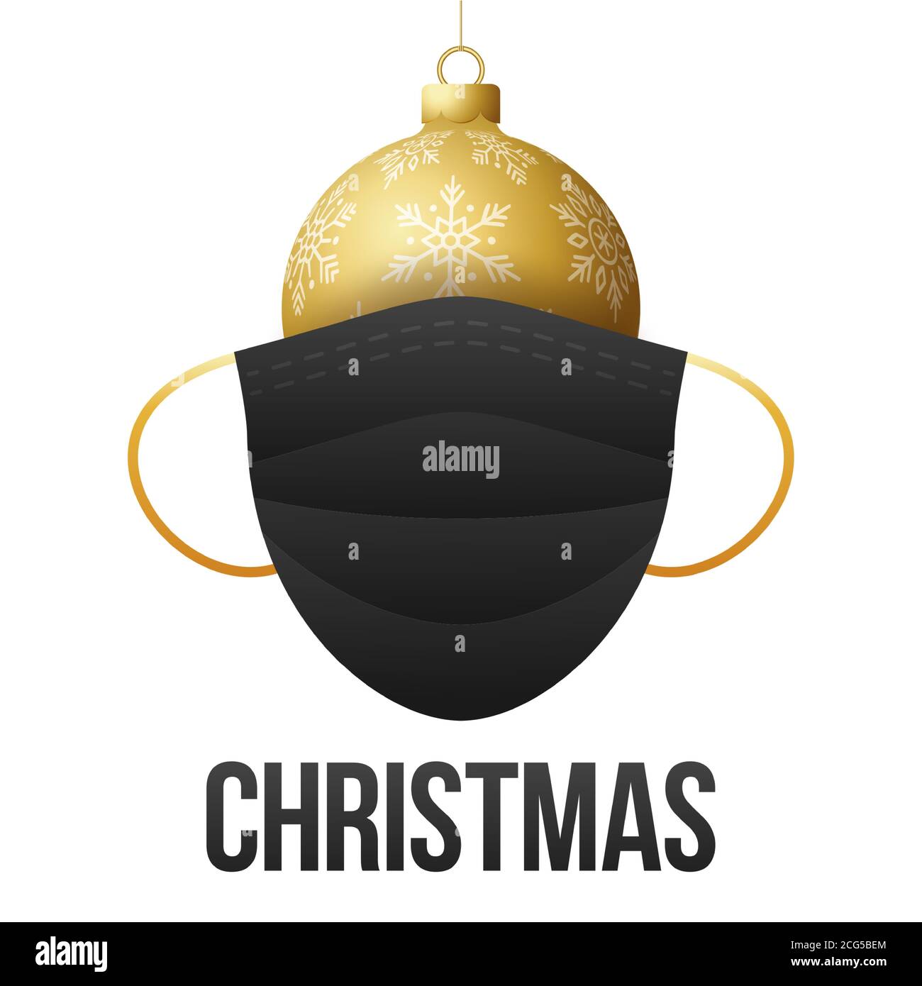 Realistische Gold Weihnachtskugel mit medizinischen Einwegmaske auf weiß Hintergrund Stock Vektor
