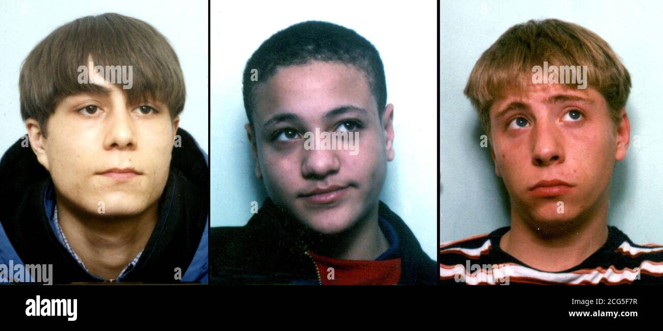 Aus undatierten Sammelfotos: Von links; David Huggins, 18, Aaron Cole, 19, und James Pearce, 19, die nach einer Nacht im August 1997 im Old Bailey für schuldig befunden wurden, den Teenager Jamie Robe in Rotherhithe im Südosten Londons getötet zu haben. * Jamie wurde mit Waffen wie einem Baseballschläger, Cricket-Stumpf und Snooker-Queue zu Tode geprügelt, nachdem er nach einer Nacht im August 1997 auf dem Osprey Estate in Rotherhithe im Südosten Londons eingestellt wurde. *20/10/99: Sie wurden wegen des Mordes an Jamie Robe von einem Richter im Old Bailey zur Freude ihrer Majestät verhaftet. Stockfoto