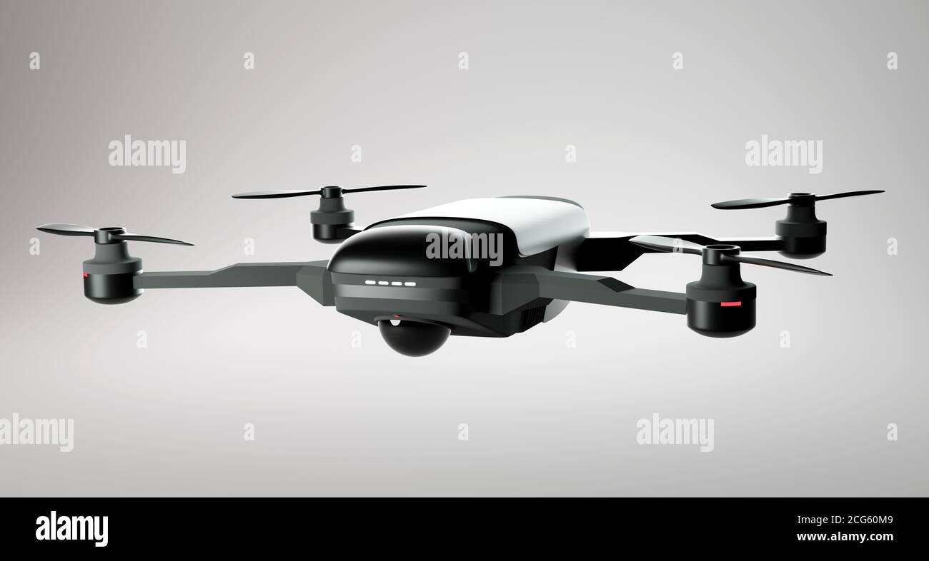 Eine moderne Drohne im Flug. Drohnen-Quadcopter auf kommerzieller und Verbraucherebene. 3D-Illustration. Stockfoto