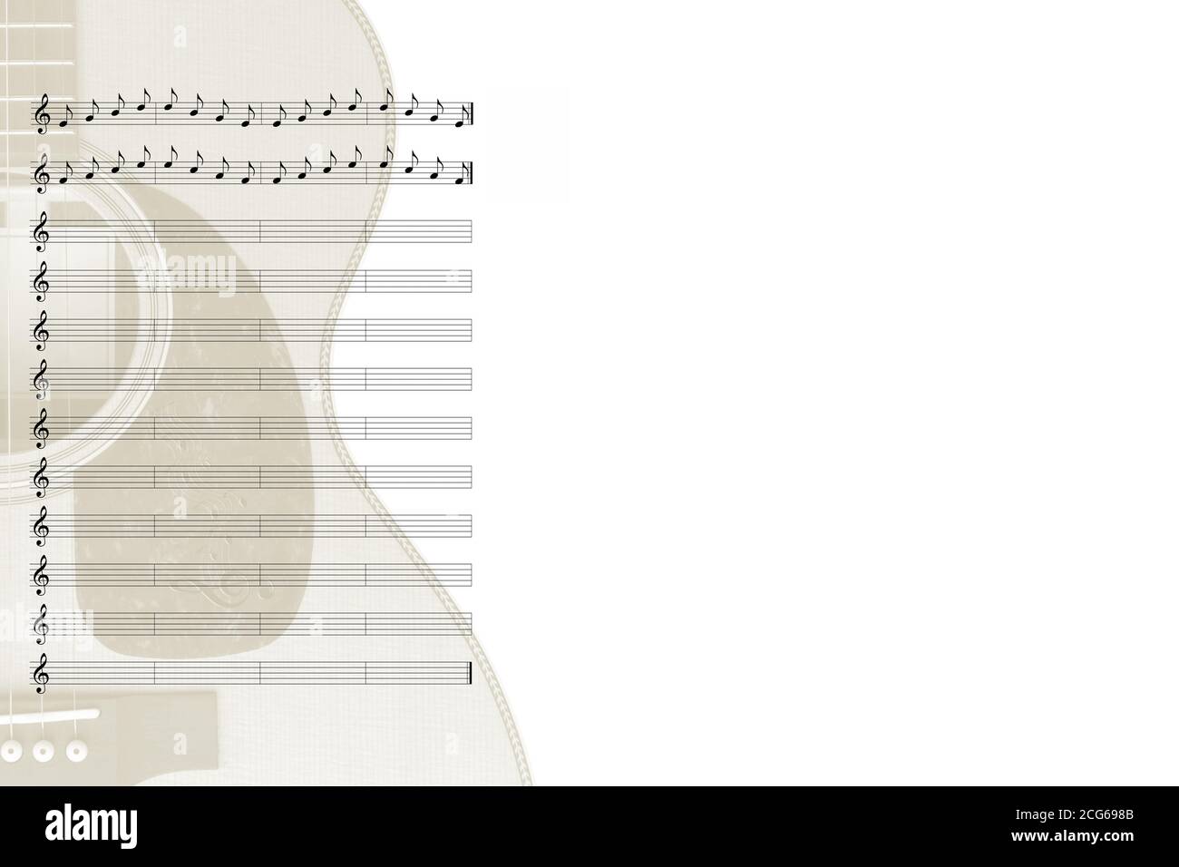 Musik Partitur Hintergrund mit Gitarre Wasserzeichen Stockfoto