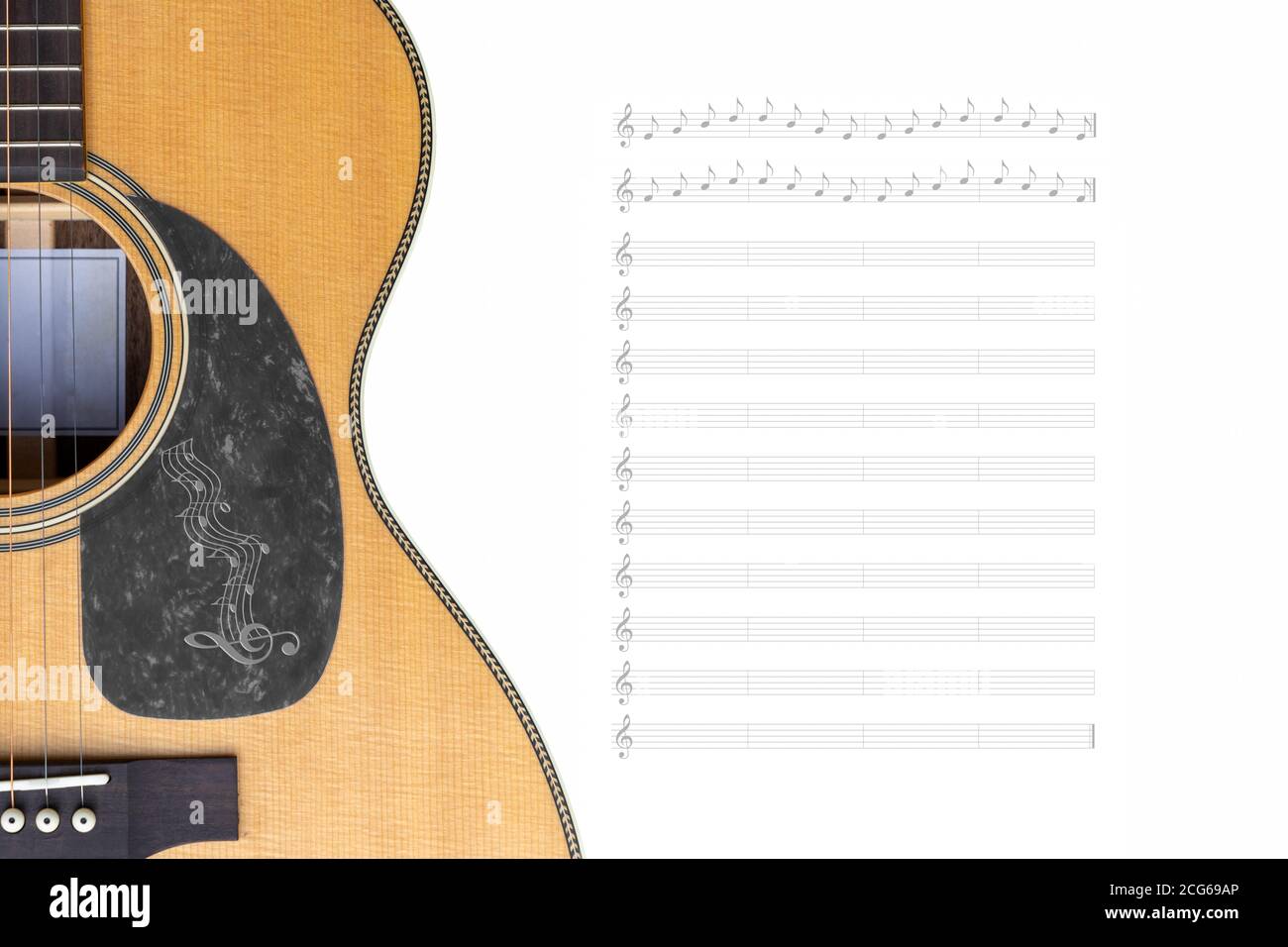 Akustischer Gitarrenhintergrund mit Wasserzeichen des Notenblatts Stockfoto