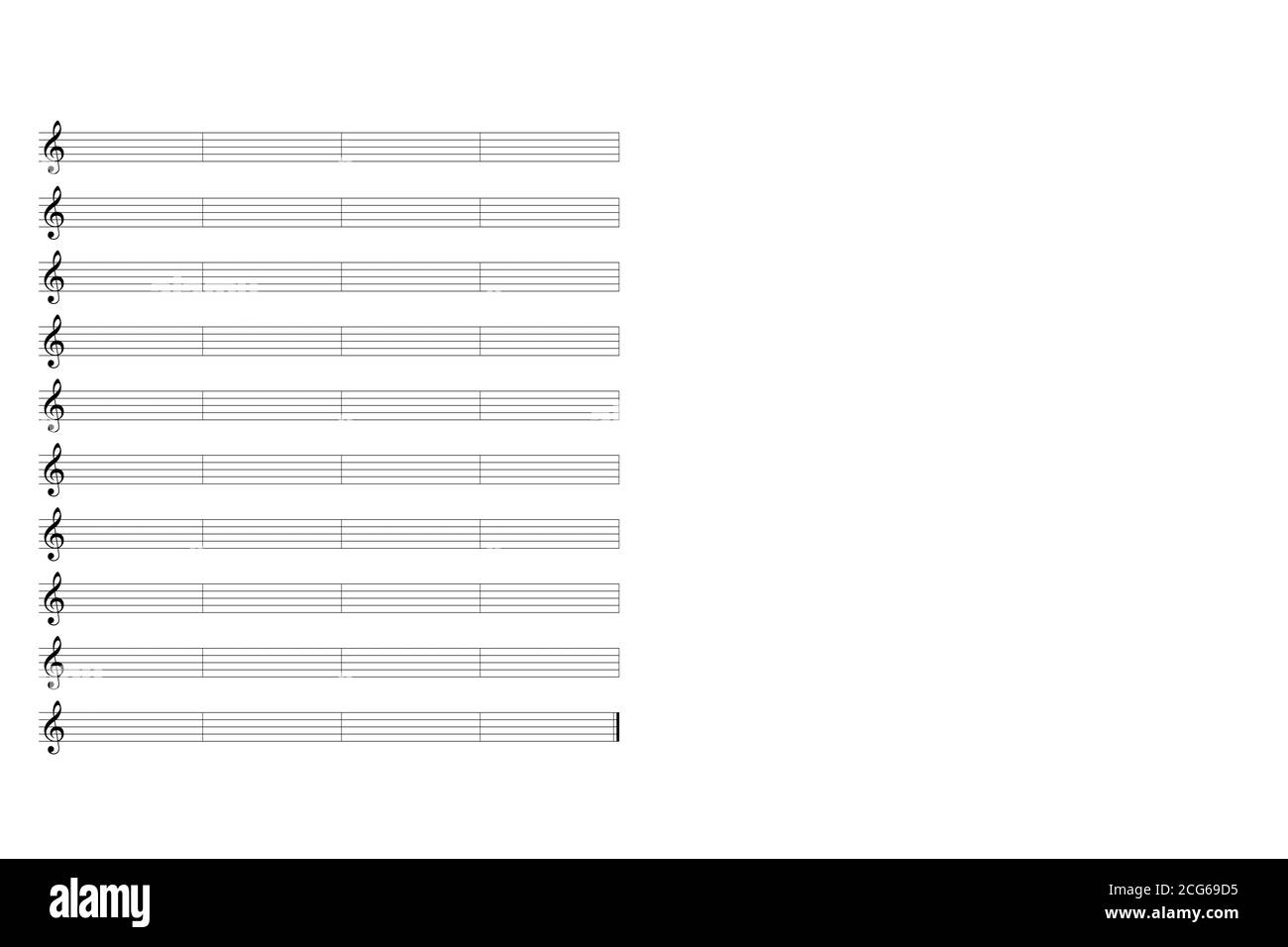 Leeres Notenblatt mit Takten und Violinschlüssel auf A Weißer Hintergrund Stockfoto
