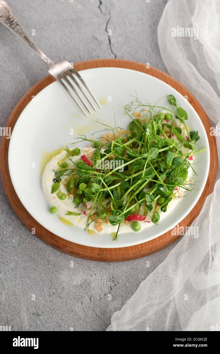 Vegan gesunder Salat aus mikrogrünen Sprossen Erbsen, Quinoa, Rettich, Minze und Joghurt Stockfoto
