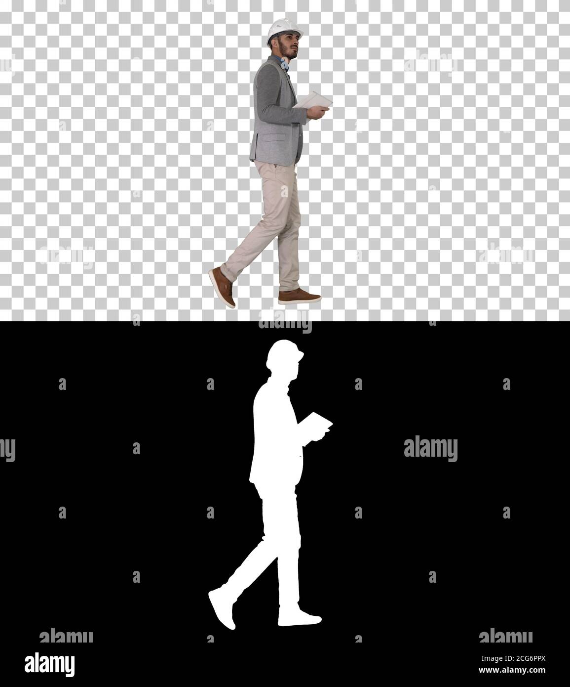 Architect Walking mit Tablet und überprüfen, was gebaut wird, Alpha Channel Stockfoto