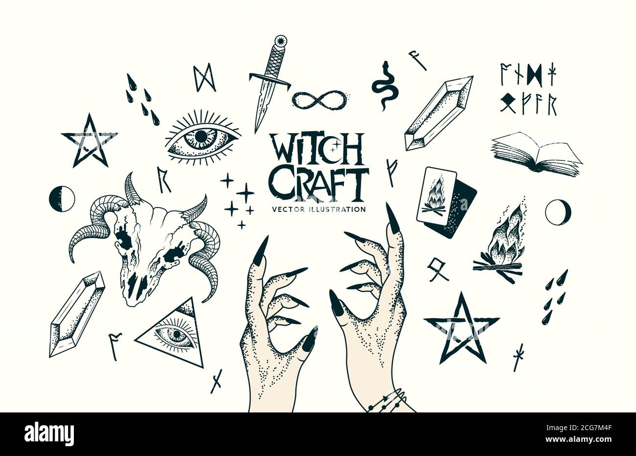 Hexerei, Wicca und heidnische handgefertigte Bastelelemente mit Händen, einem Widder-Schädel mit Hörnern, magischen Heilkristallen und Symbolen. Vektorgrafik. Stock Vektor